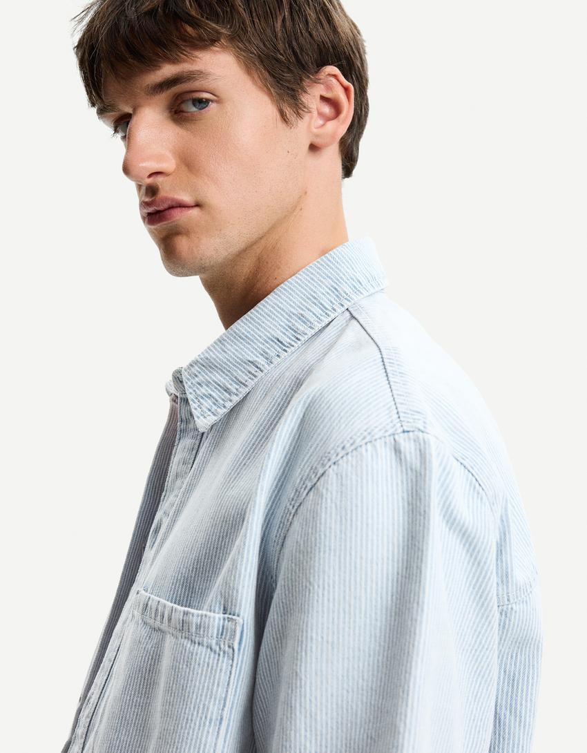 Camicia a maniche corte in denim-Azzurro Chiaro-2