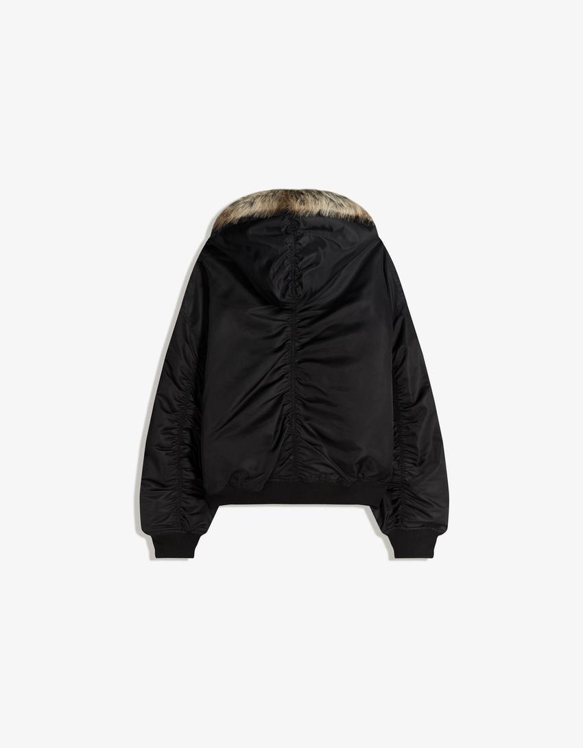 Blouson technique col fausse fourrure-Noir