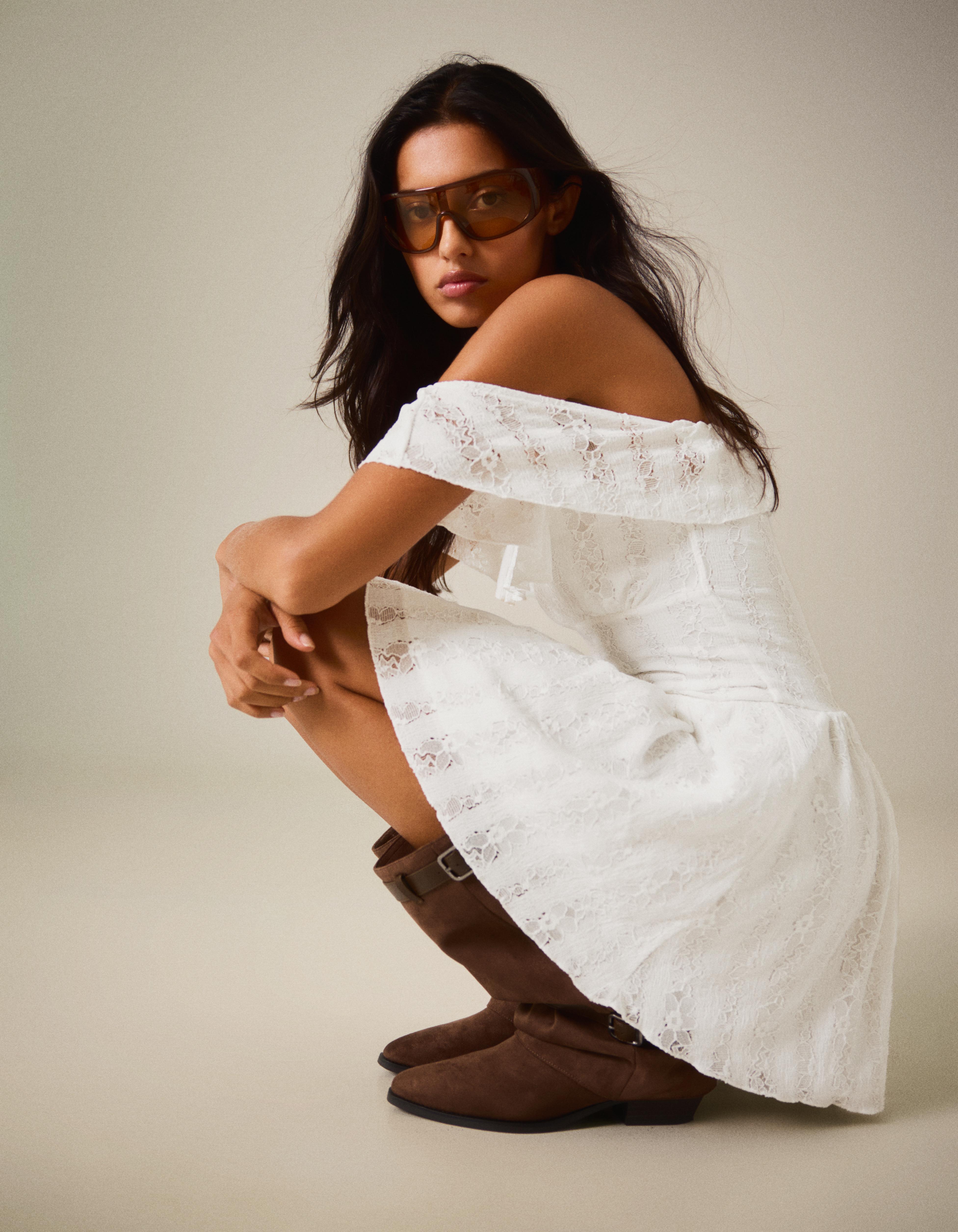 Bardot neckline lace dress — White
