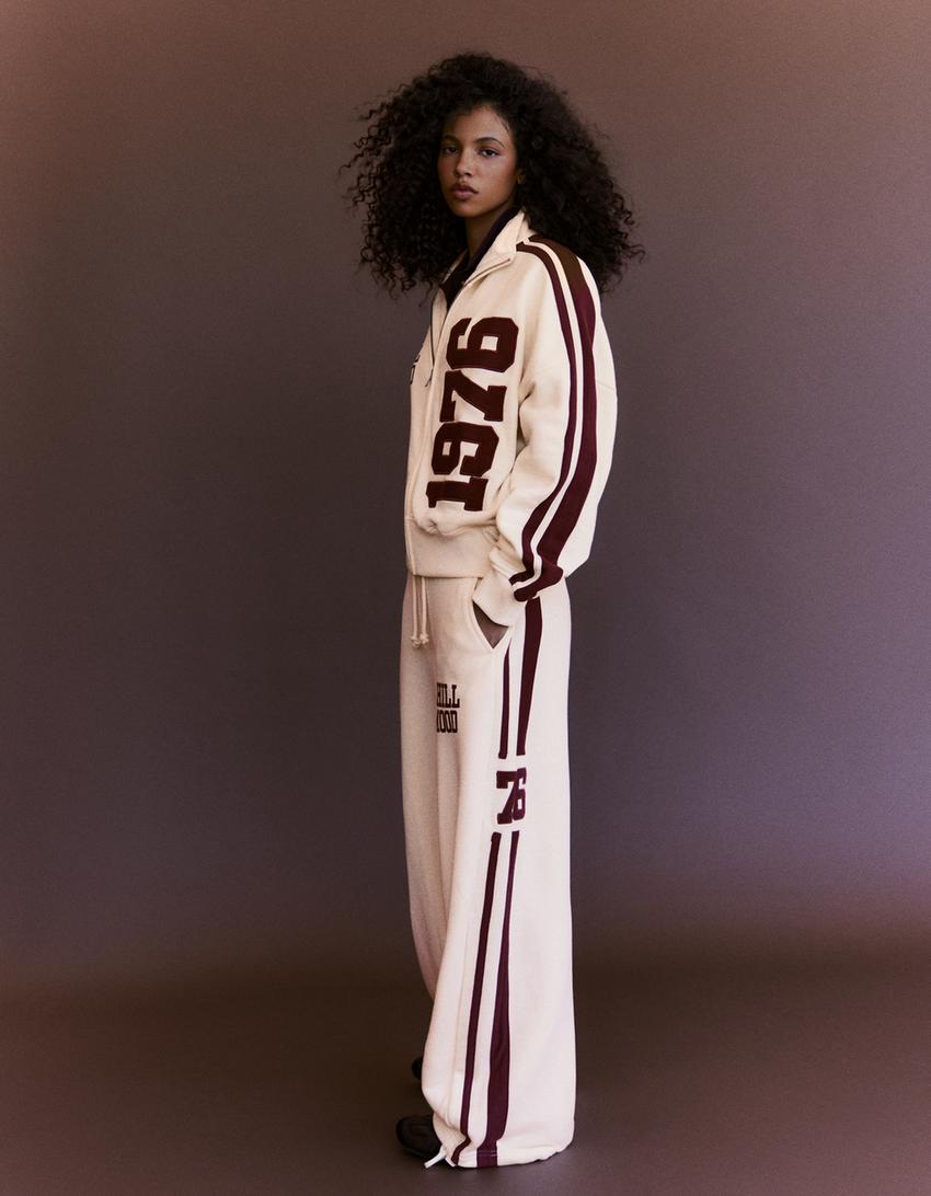 Plush zip-up sweatshirt with patch-Cream