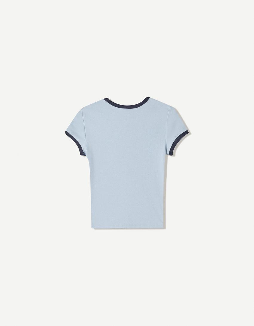 T-Shirt mit kurzen Ärmeln, Kontrast und Print-Hellblau