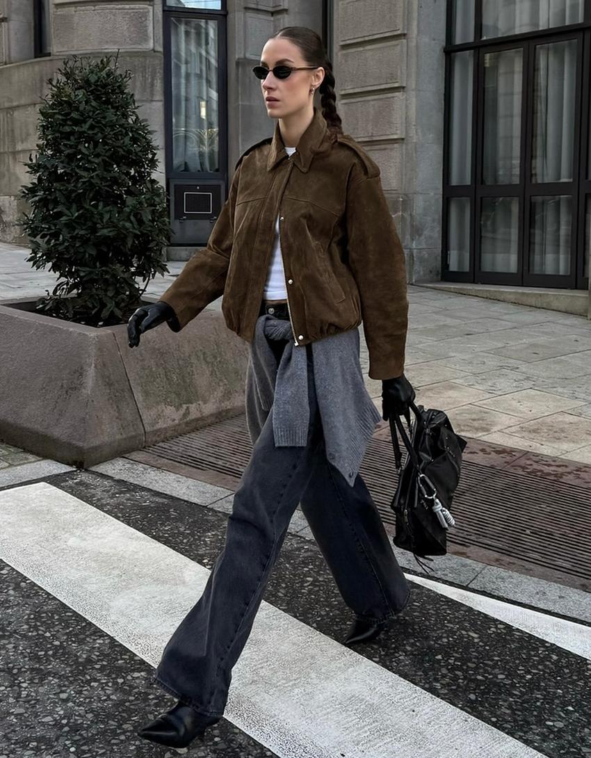 Leather and suede jacket-Khaki