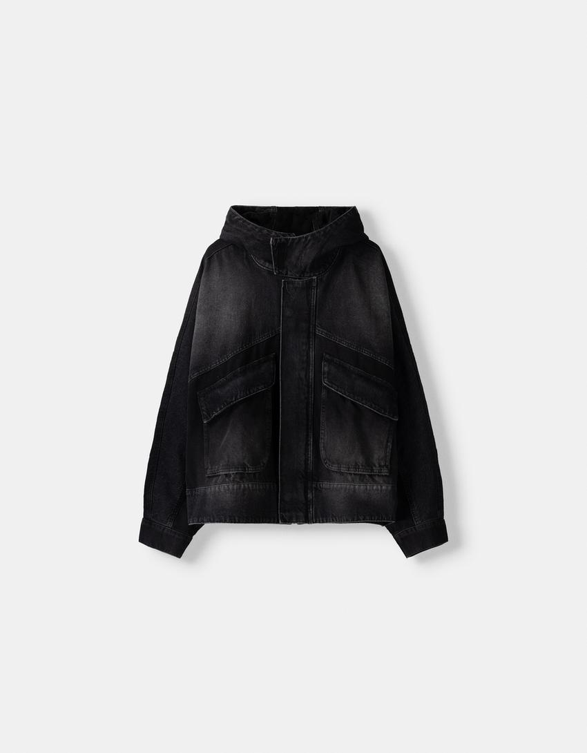 Casaco denim capuz color block-Preto-4