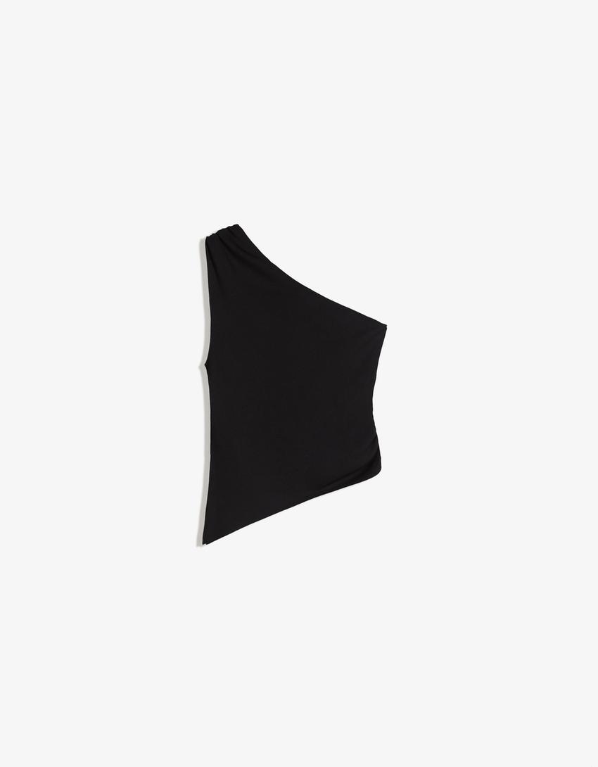 Asymmetric top with rhinestone ring-Black