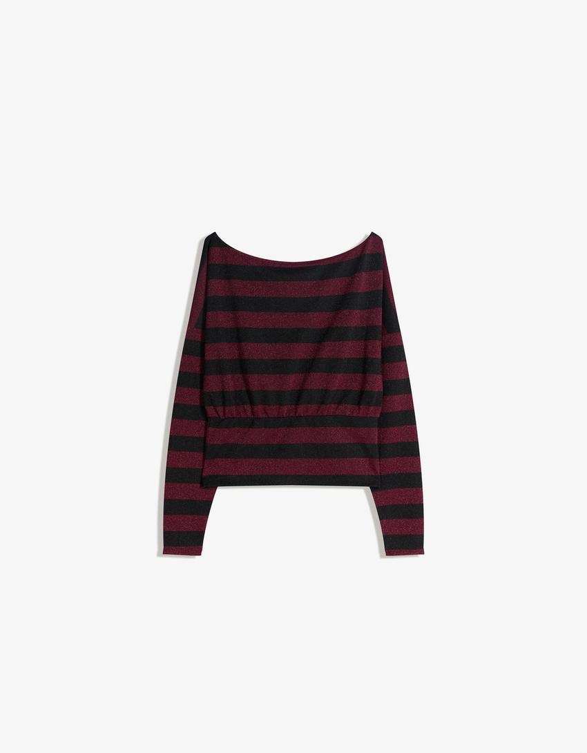 Shimmery asymmetric long sleeve stripe T-shirt-Burgundy