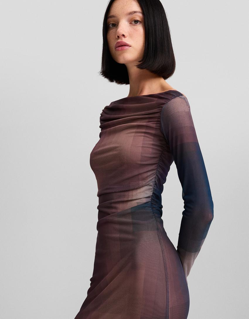 Long tulle dress with long sleeves and a print-Violet