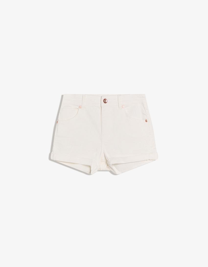 Denim roll-up shorts-White