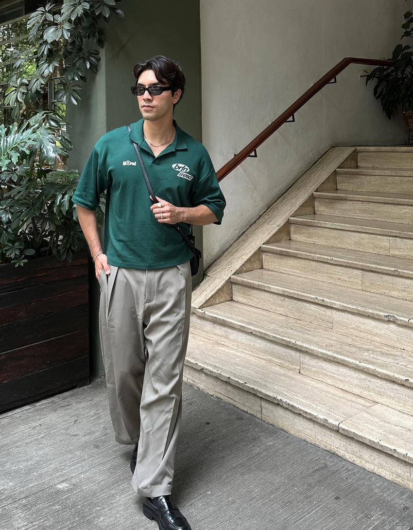 Baskılı ve kısa kollu polo yaka oversize t-shirt-Yeşil