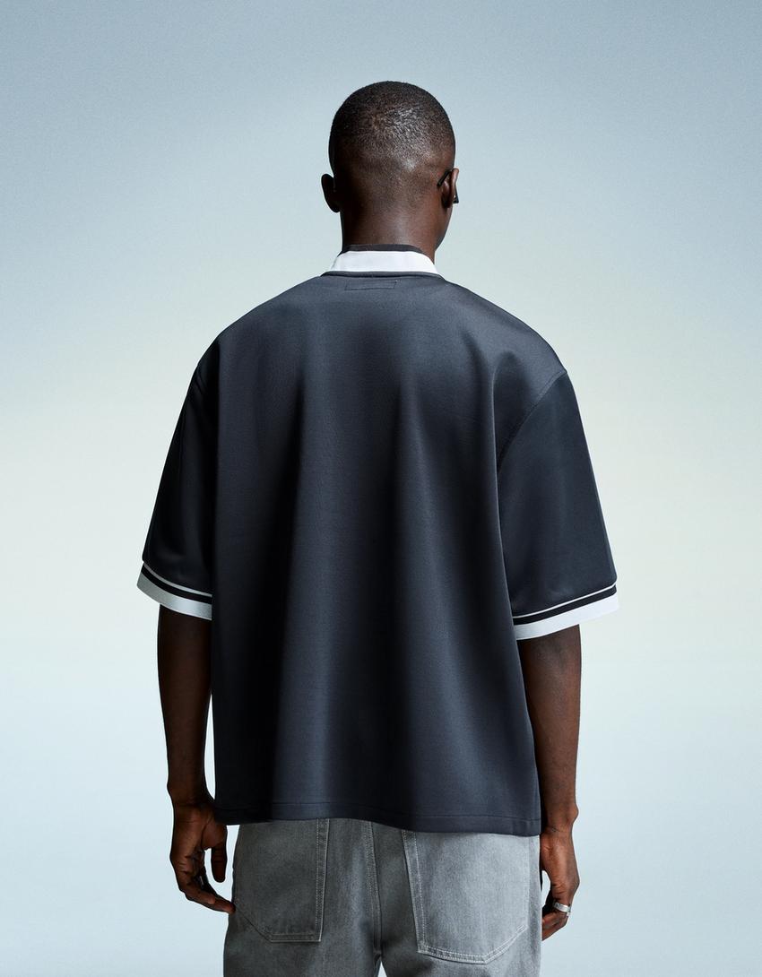 Chemise à manches courtes à broderies-Marine