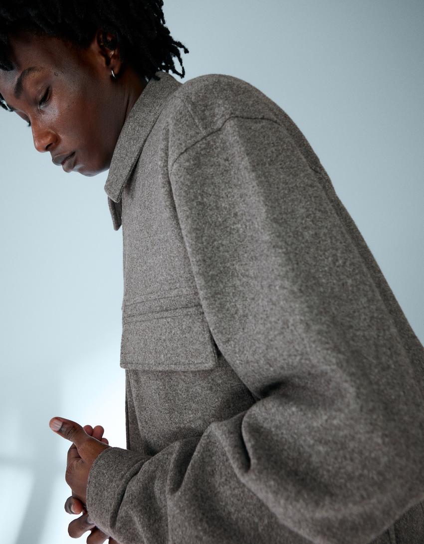 Boxy flannel zip overshirt-Dark grey