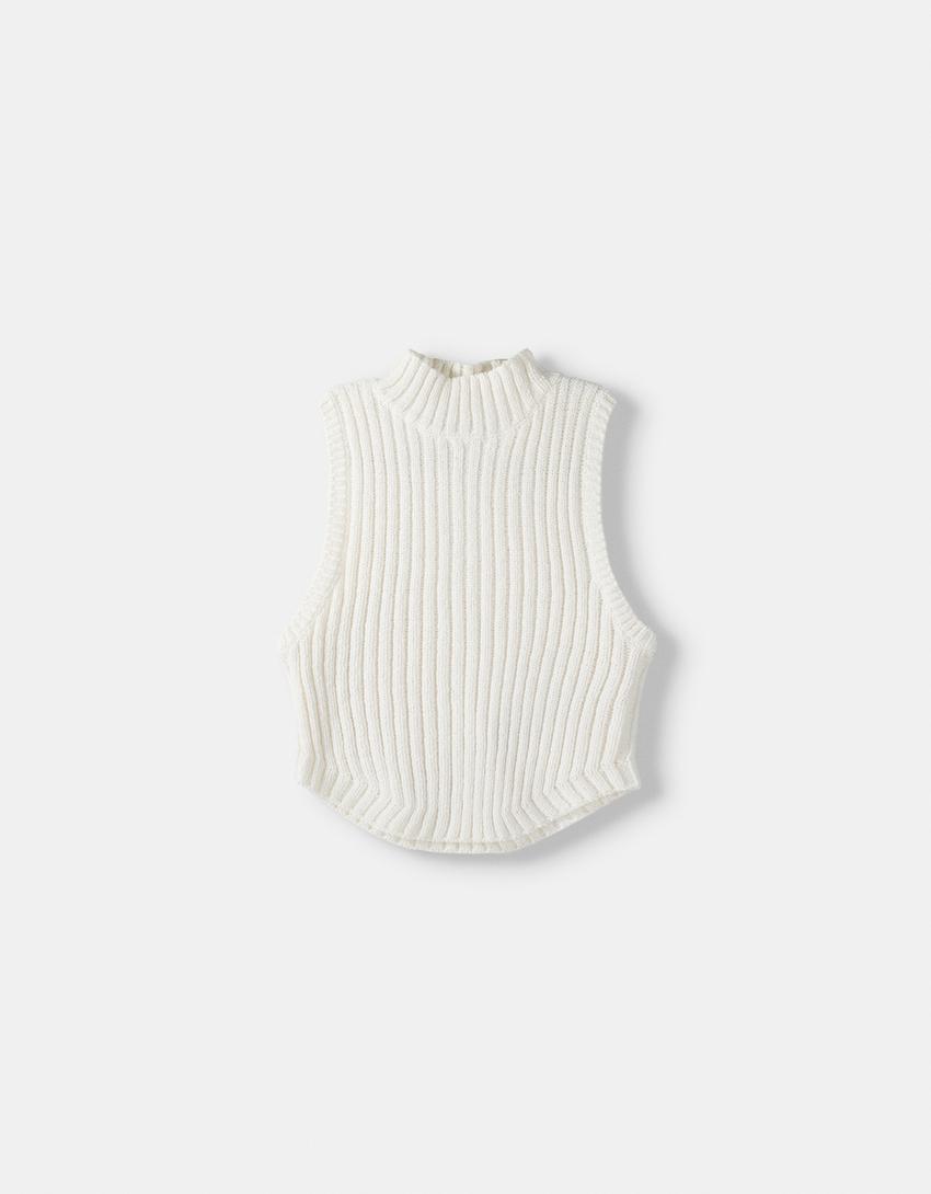 Sleeveless rustic ribbed mock turtleneck top-White