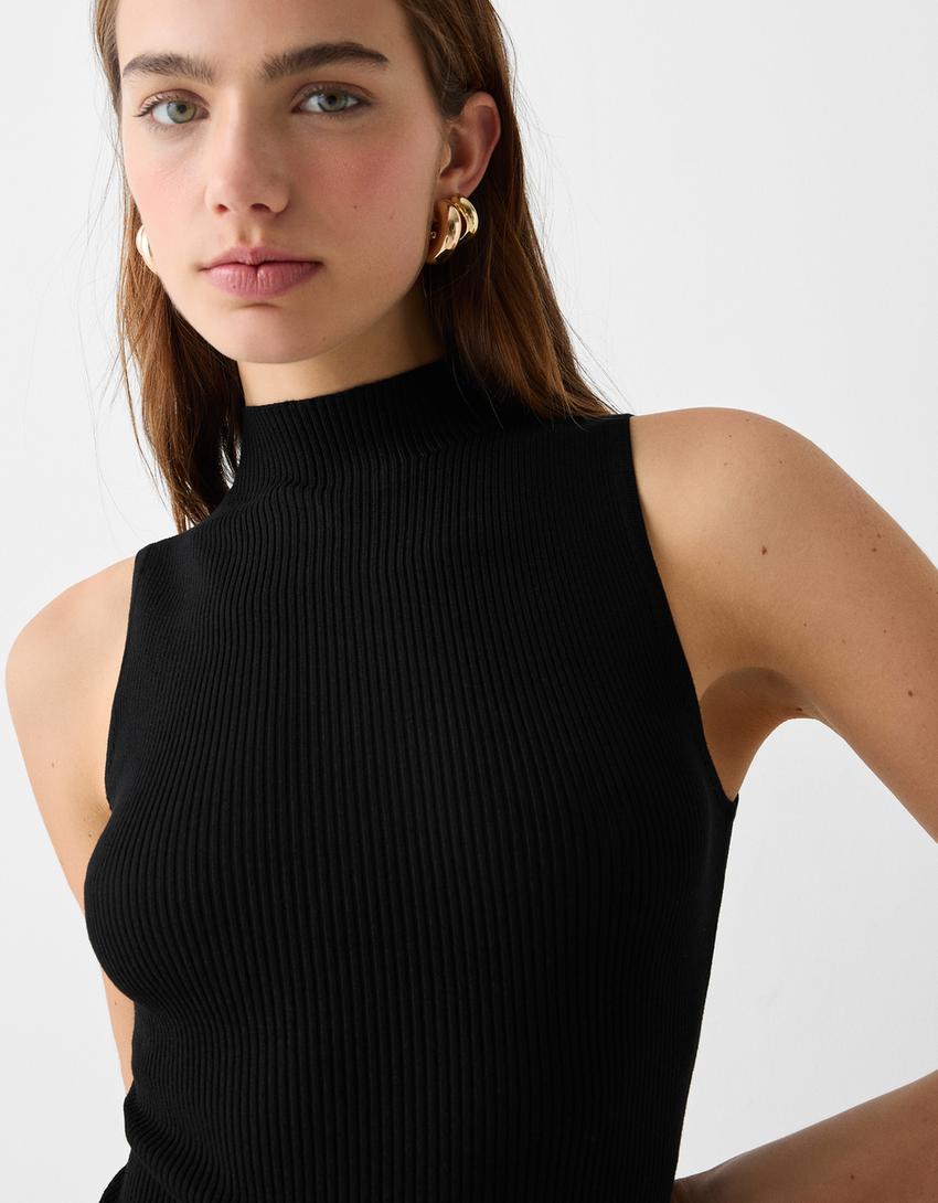 Sleeveless knit high neck mini dress-Black-2