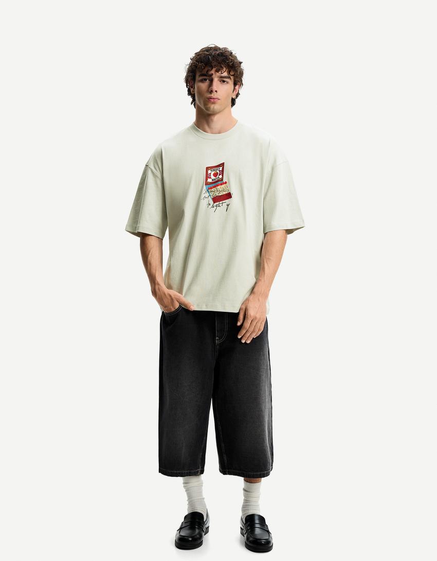 Mintás, oversize, rövid ujjú póló-Kőszínű-3
