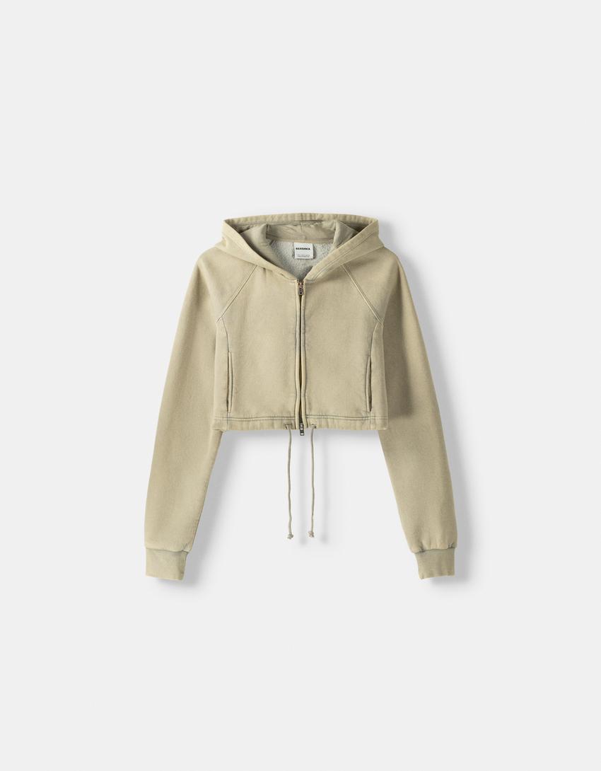 Cropped zip-up hoodie-Khaki-4