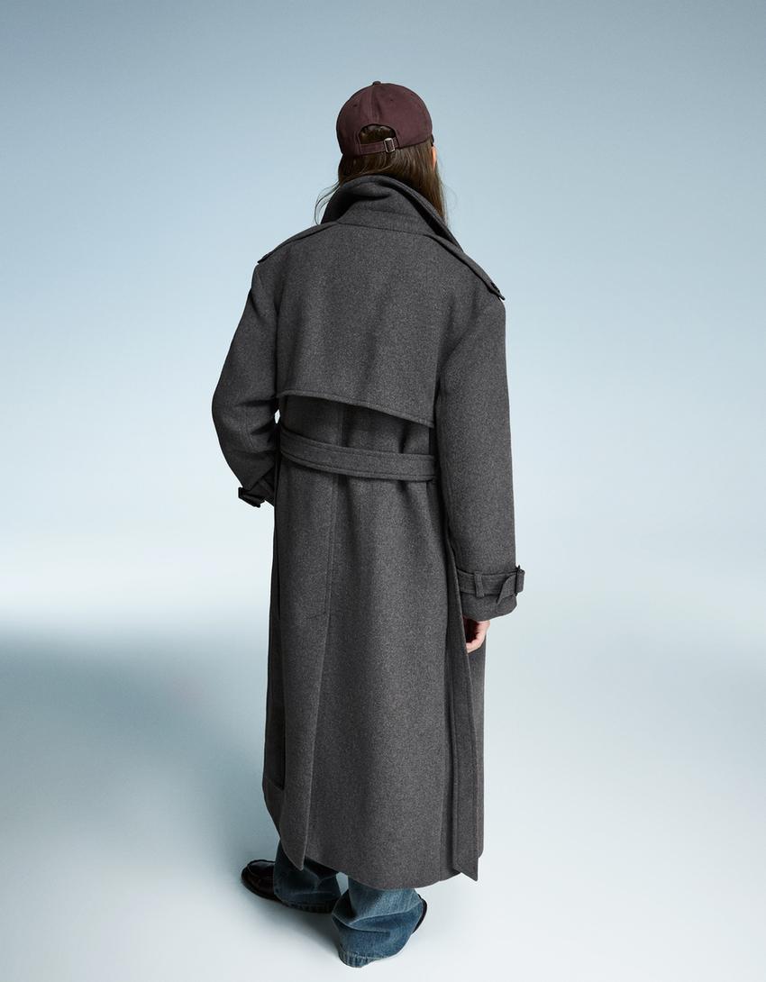 Oversize felt texture trench coat-Cinza