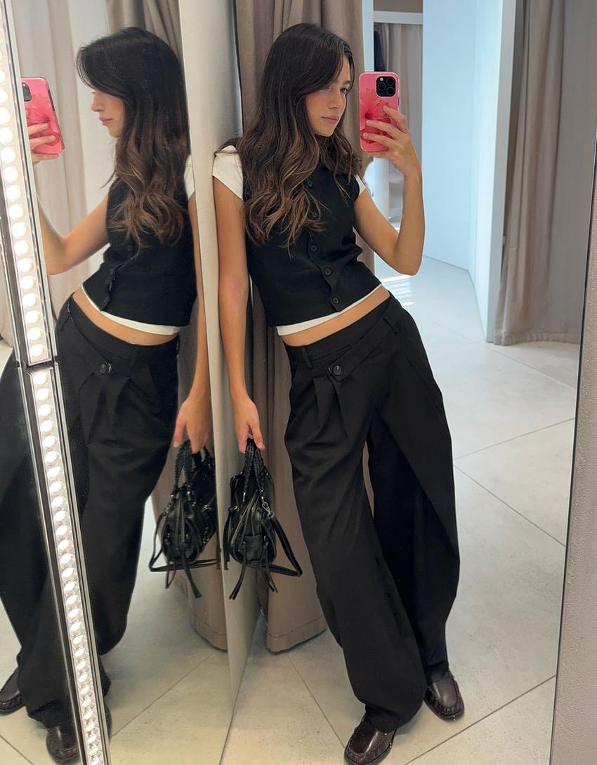 Tailored fit trousers with crossover waist-Black