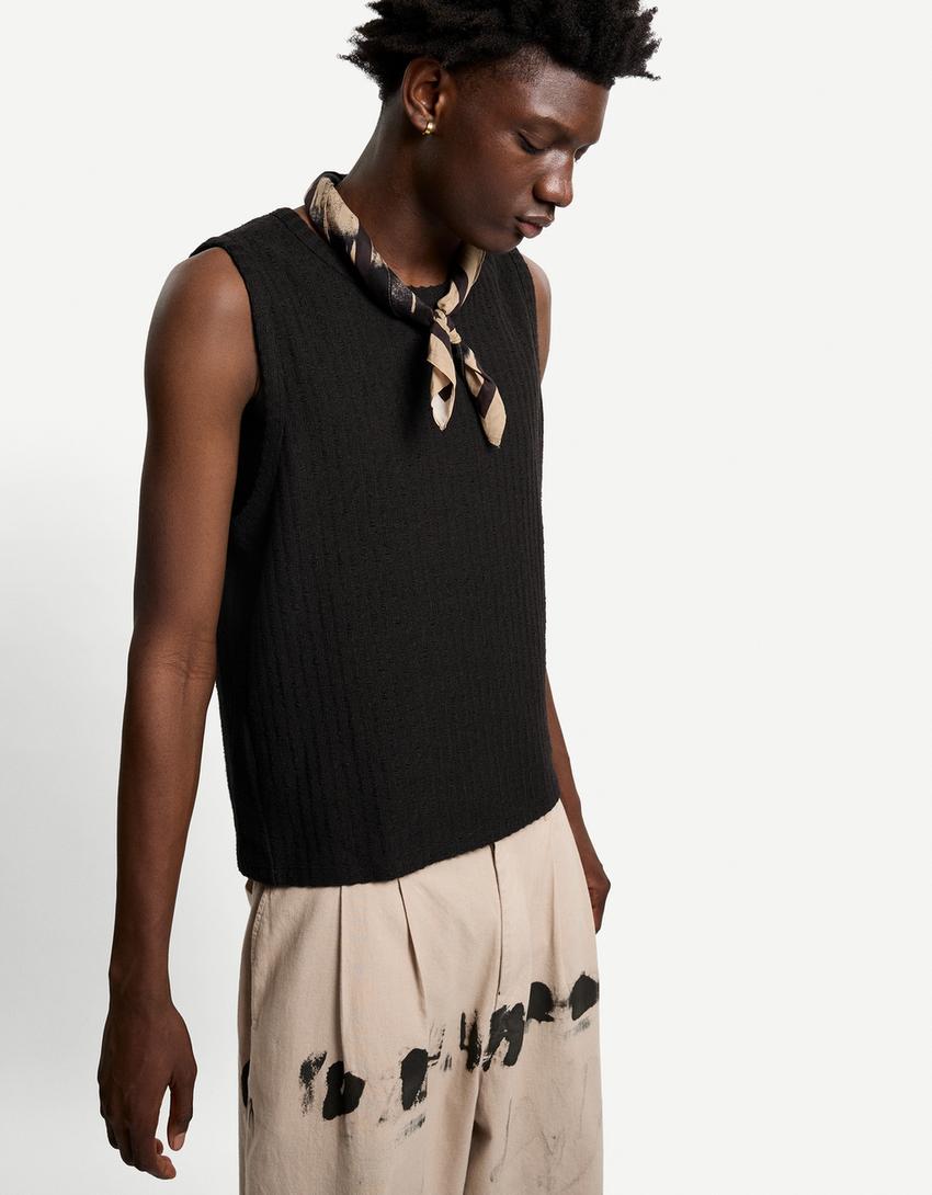 Textured T-shirt with straps-Black-0