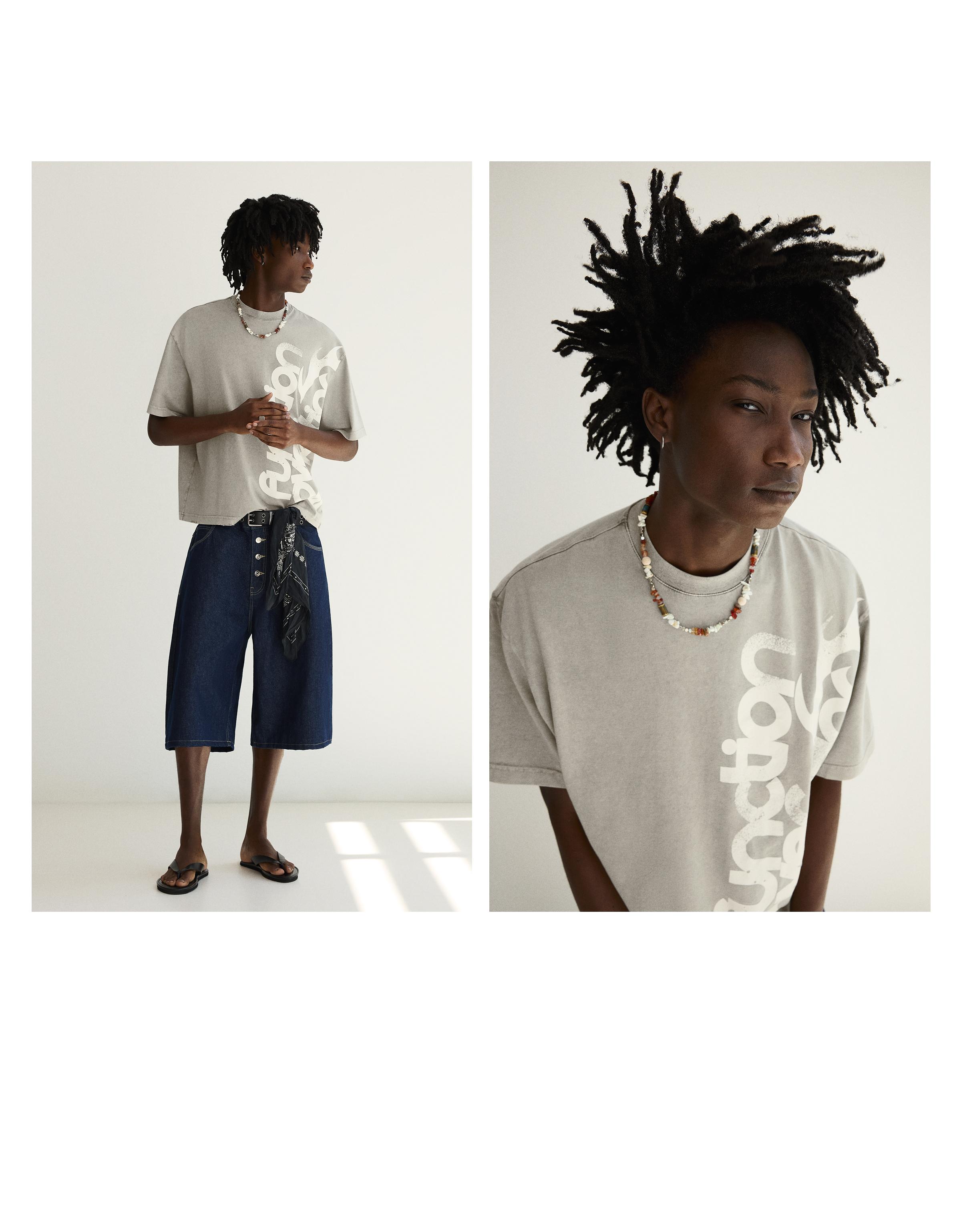 Washed boxy fit print T-shirt — Grey