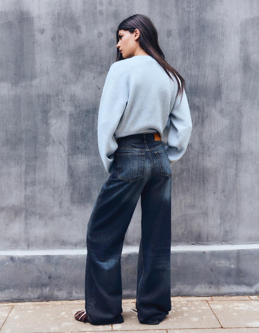 Wide-leg jeans with crossover waist-Blue