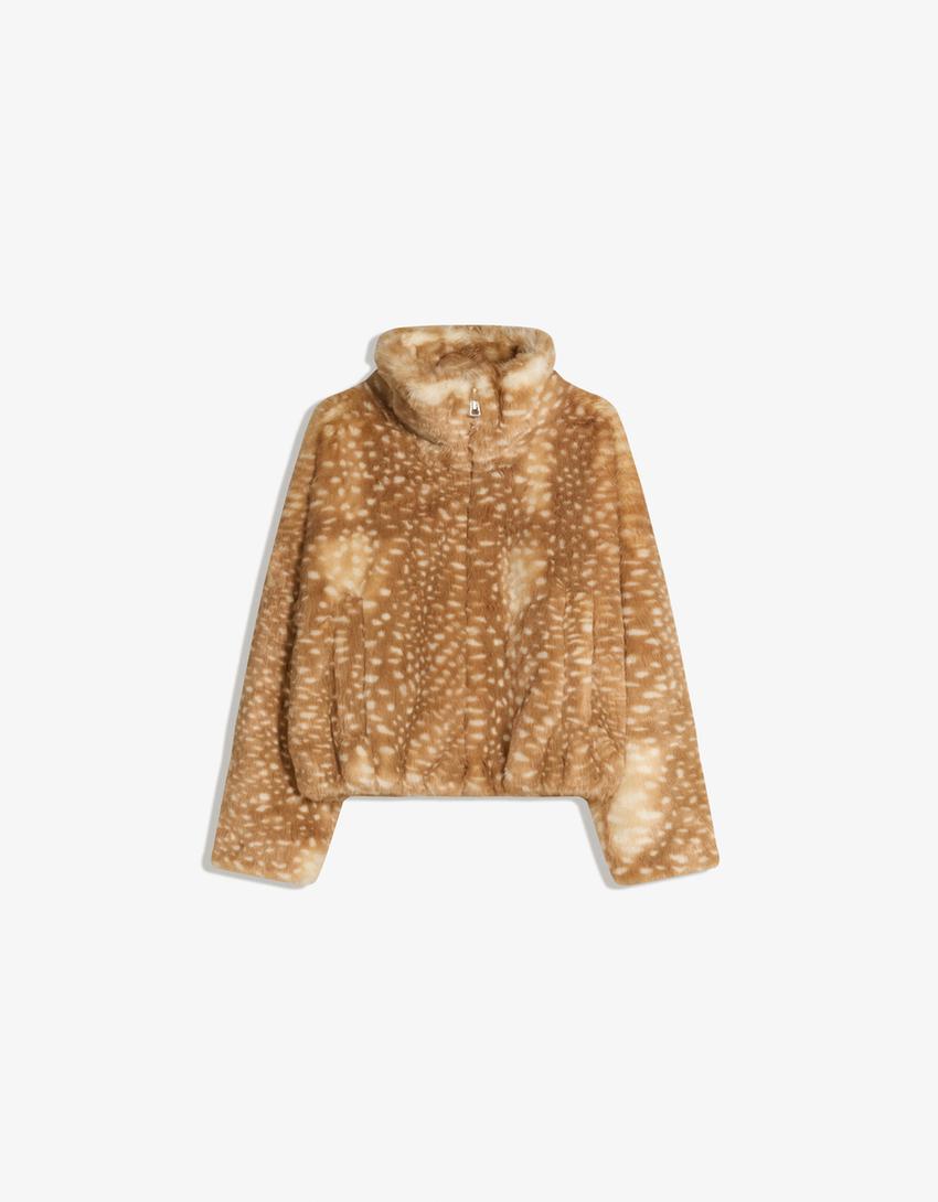 Cazadora efecto pelo animal print-Camel