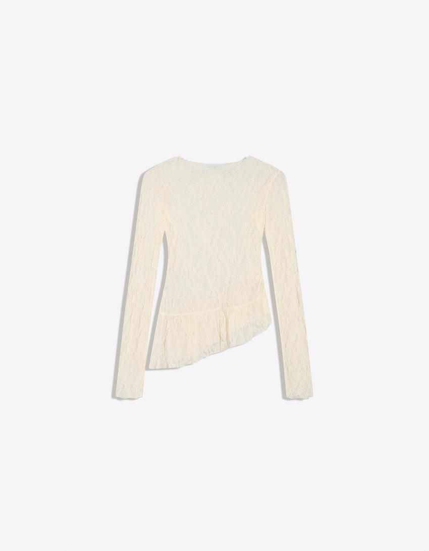 T-shirt à manches longues en dentelle à volants-Écru