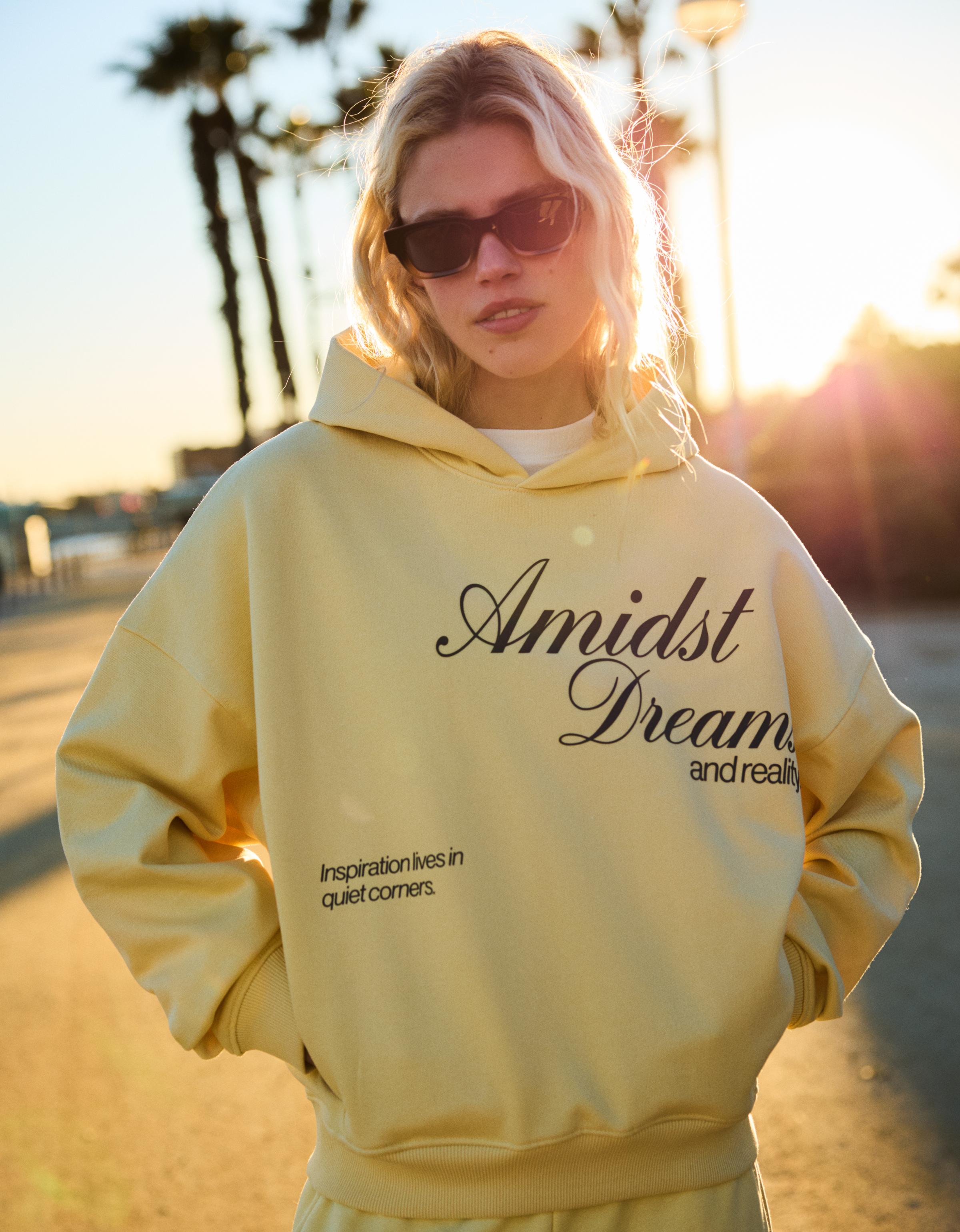 Bershka Sudadera Capucha Print Mujer Amarillo