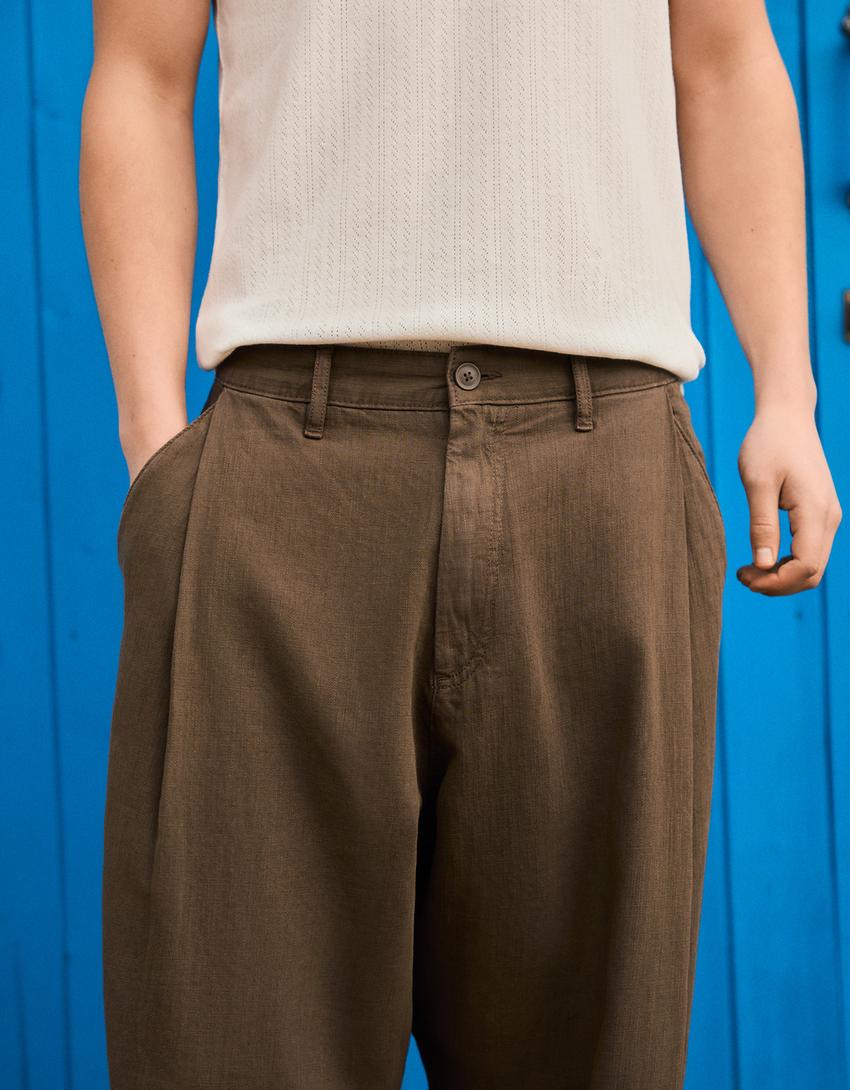 Super baggy trousers with linen-Brown