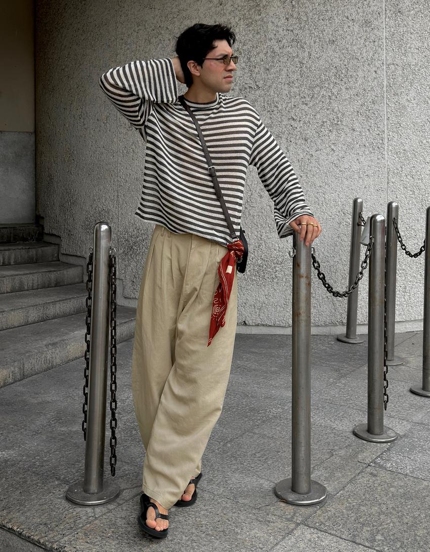 Long sleeve stripe T-shirt-Cream