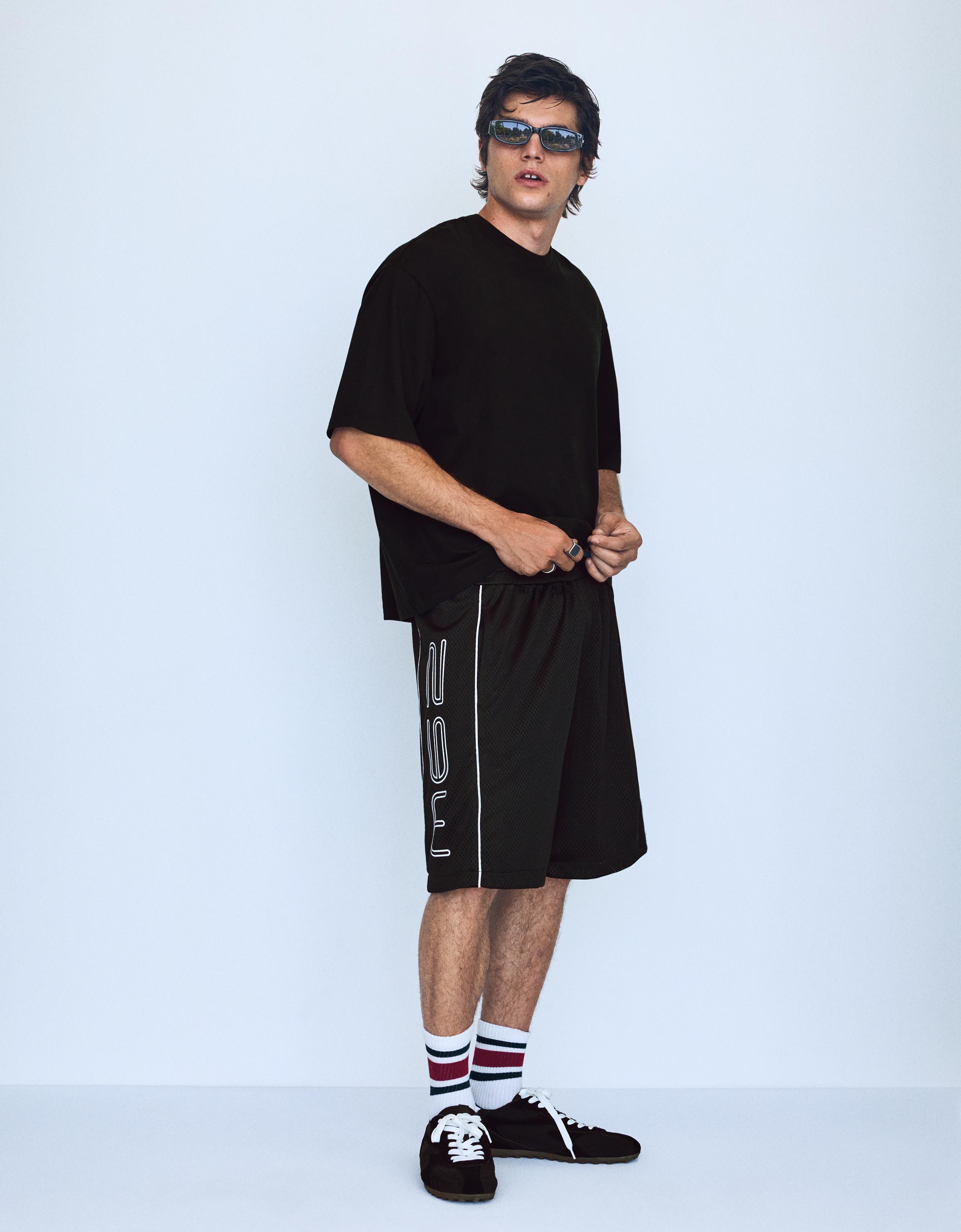 Bershka Bermuda Mesh Contraste Print Hombre Negro