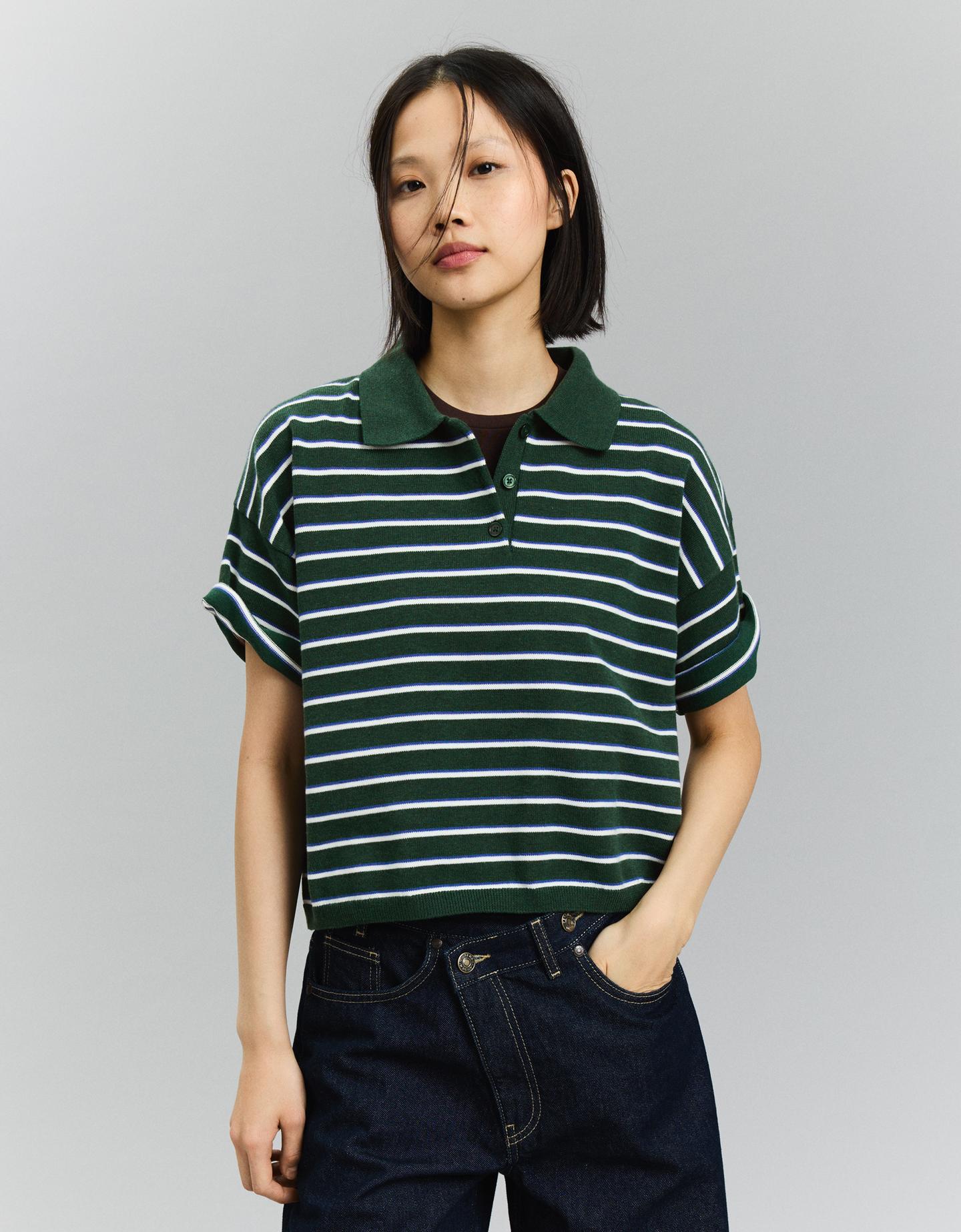 Bershka sweter w paski z kołnierzykiem polo zielony