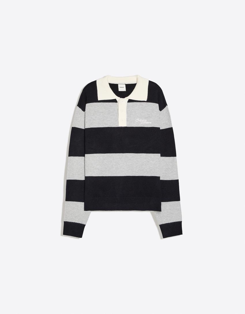 Contrast striped polo collar sweater-Navy