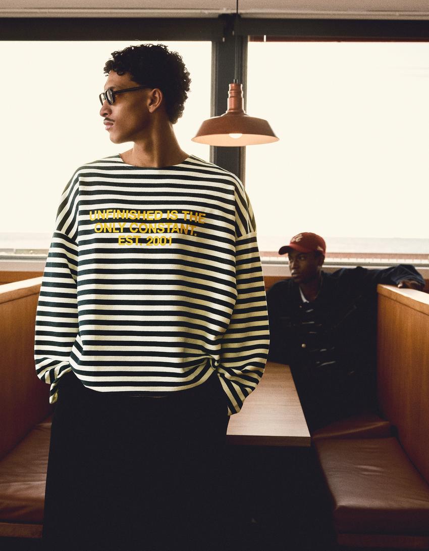 Sweat-shirt col rond rayé-Marine