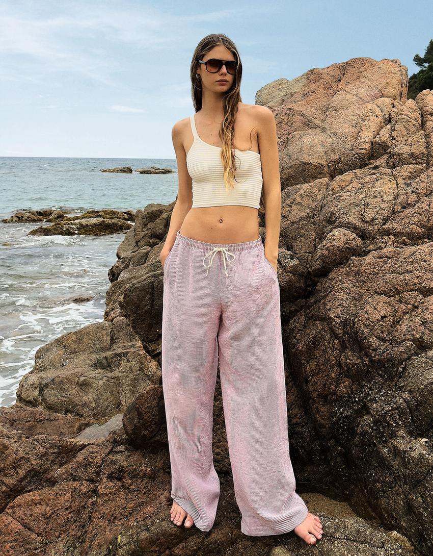 Striped rustic trousers-Burgundy