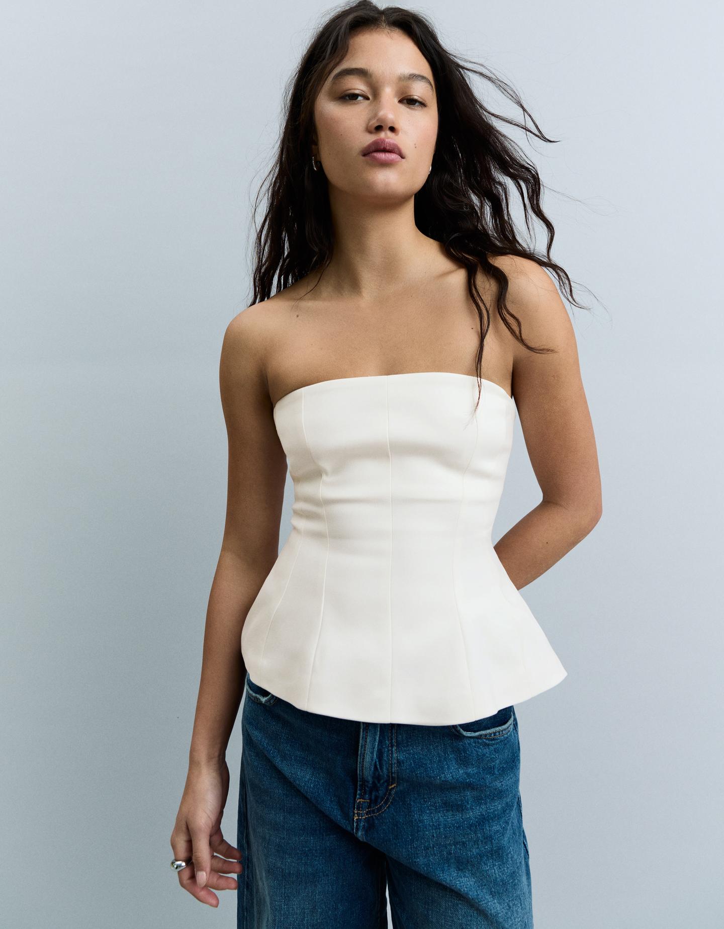 Bershka Top Bustier Con Fiocco Sulla Schiena Donna M Bianco