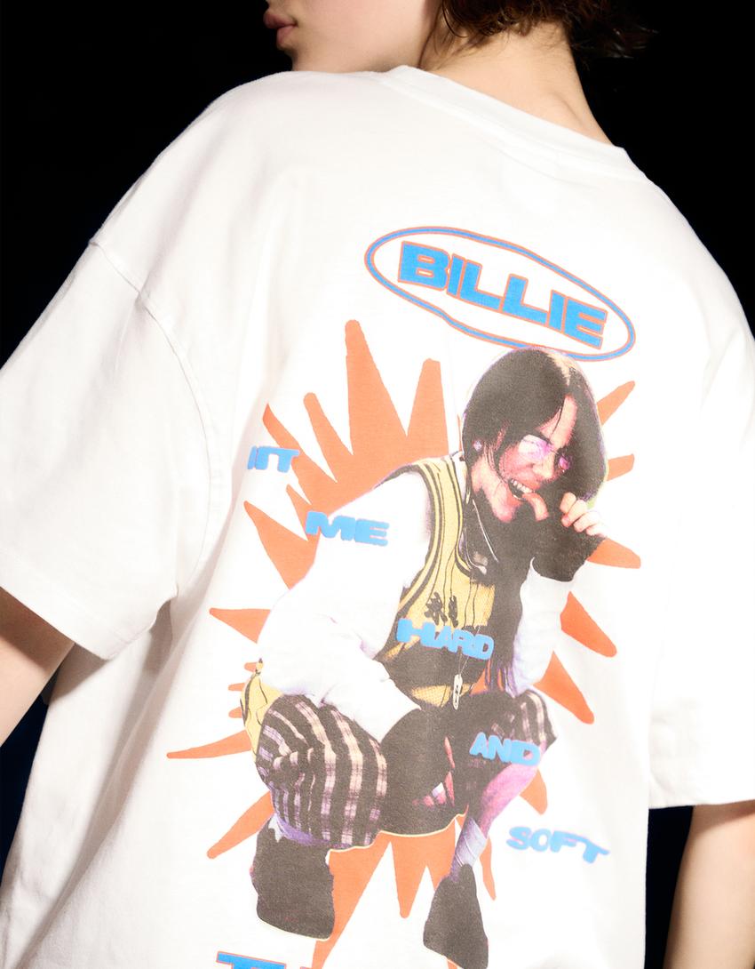 Billie Eilish desenli kısa kollu t-shirt-Kirli beyaz