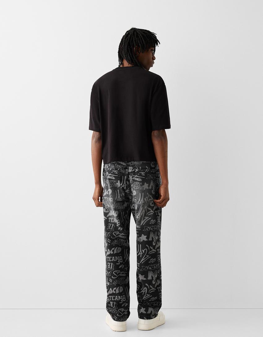 Щамповани дънки с разпусната кройка-Черно-2