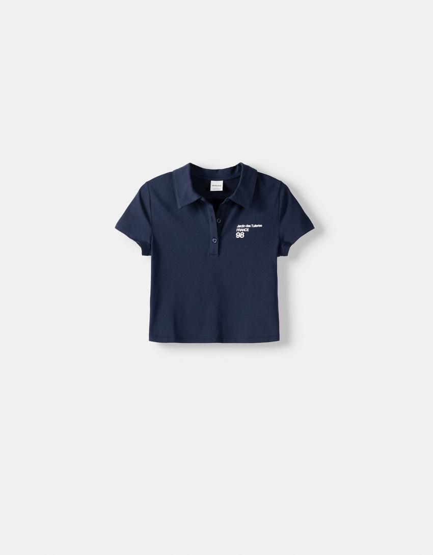 Printed short sleeve T-shirt with a polo collar-Navy