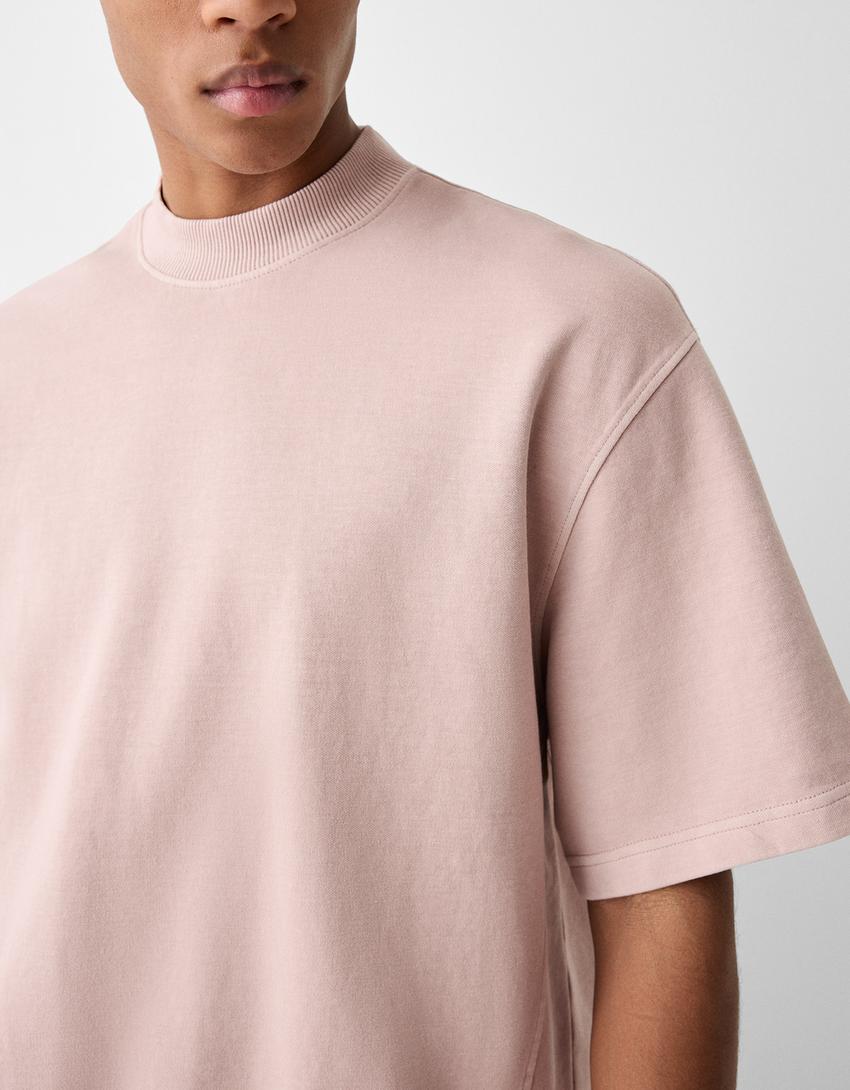 Short sleeve faded-effect plush T-shirt with interlocking and ribbed trims-Pink-2