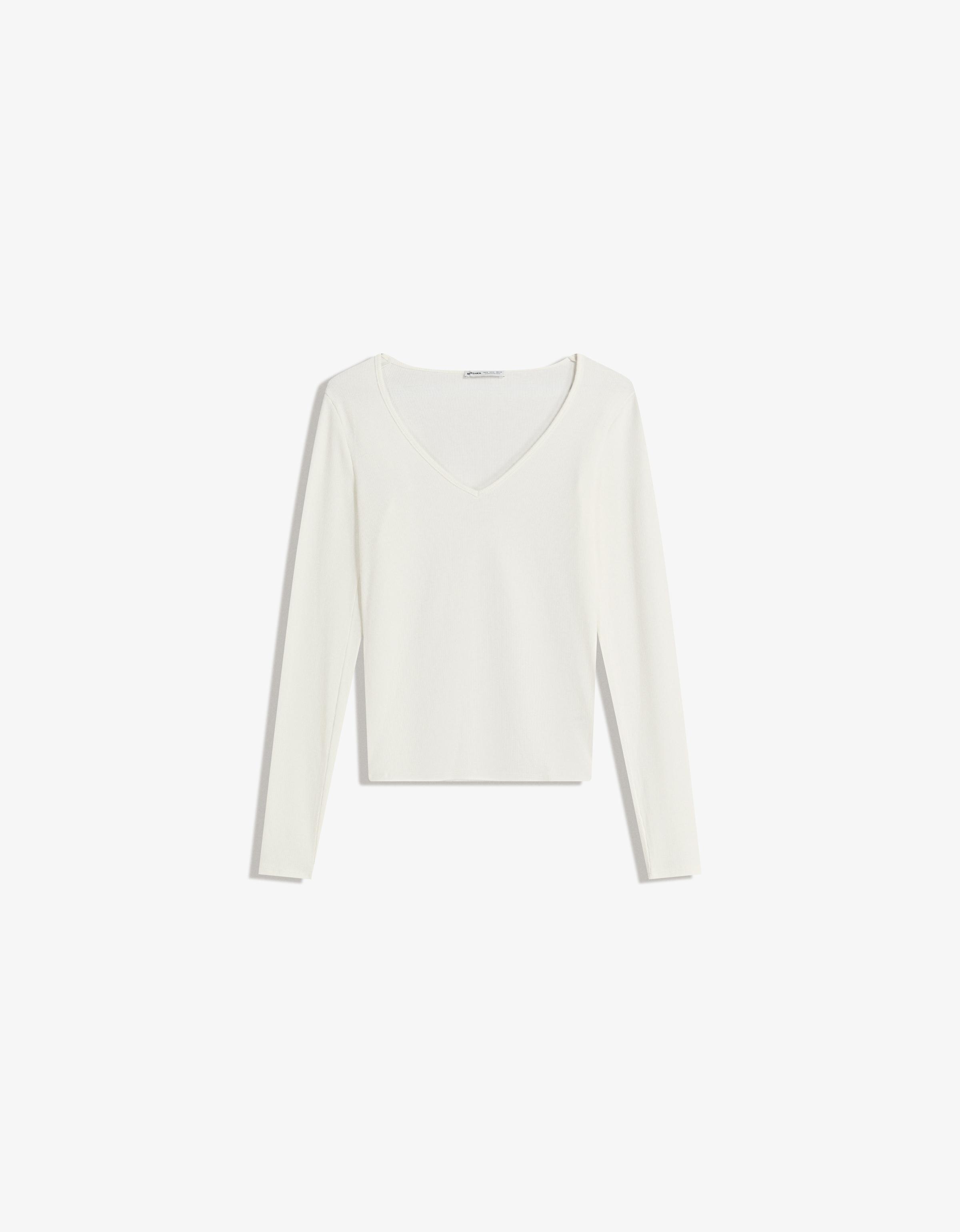 Bershka Camiseta Manga Larga Cuello Pico Mujer L Blanco Roto