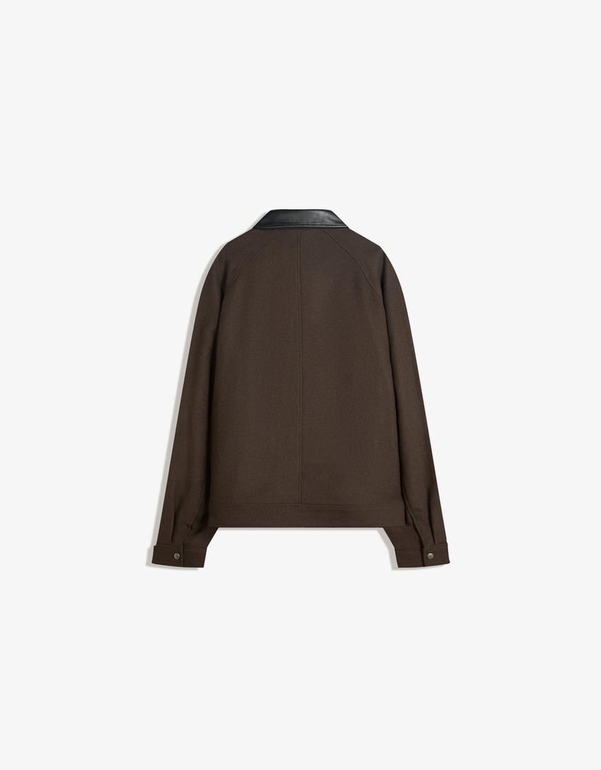 Synthetic wool jacket with contrast collar-Brown