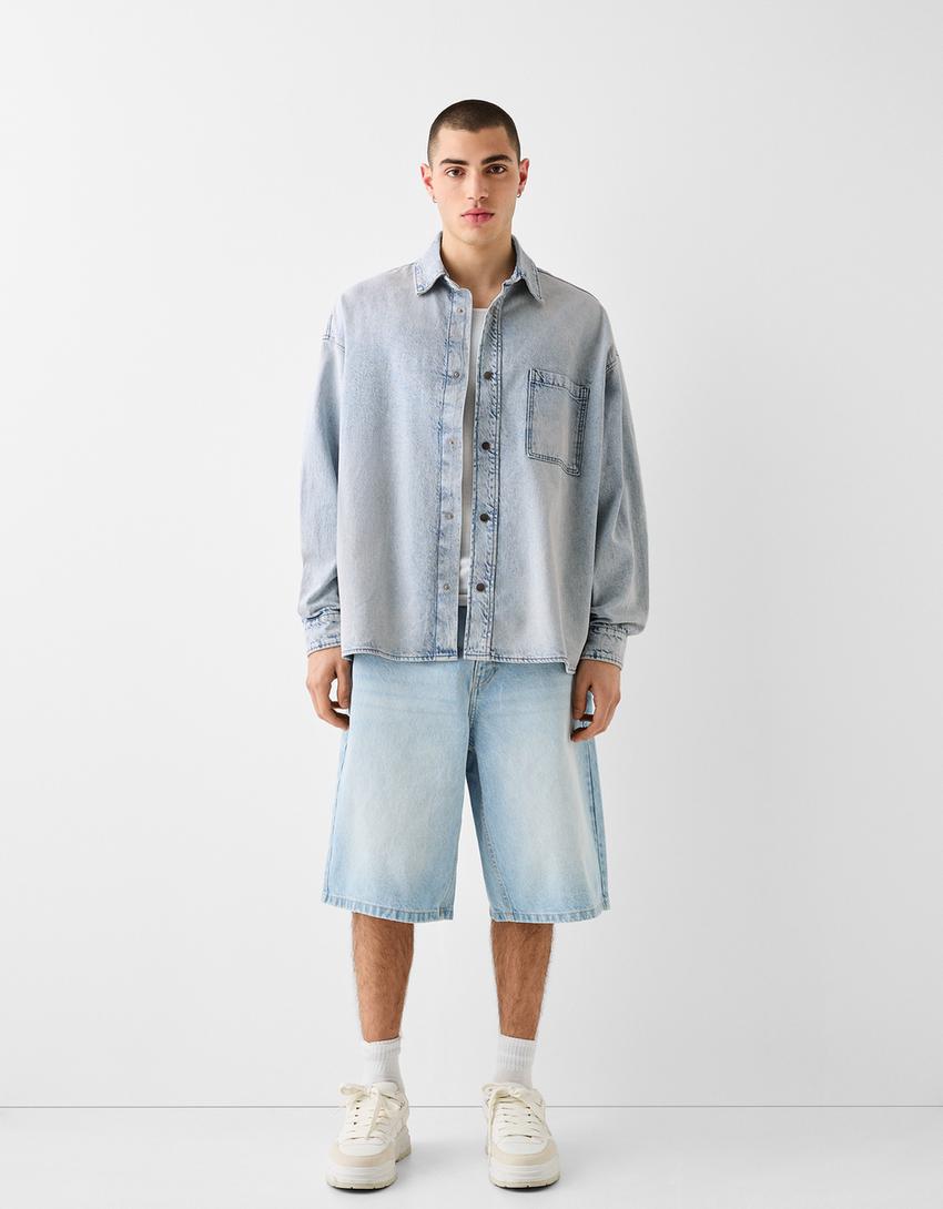 Long sleeve oversize denim shirt-Light blue