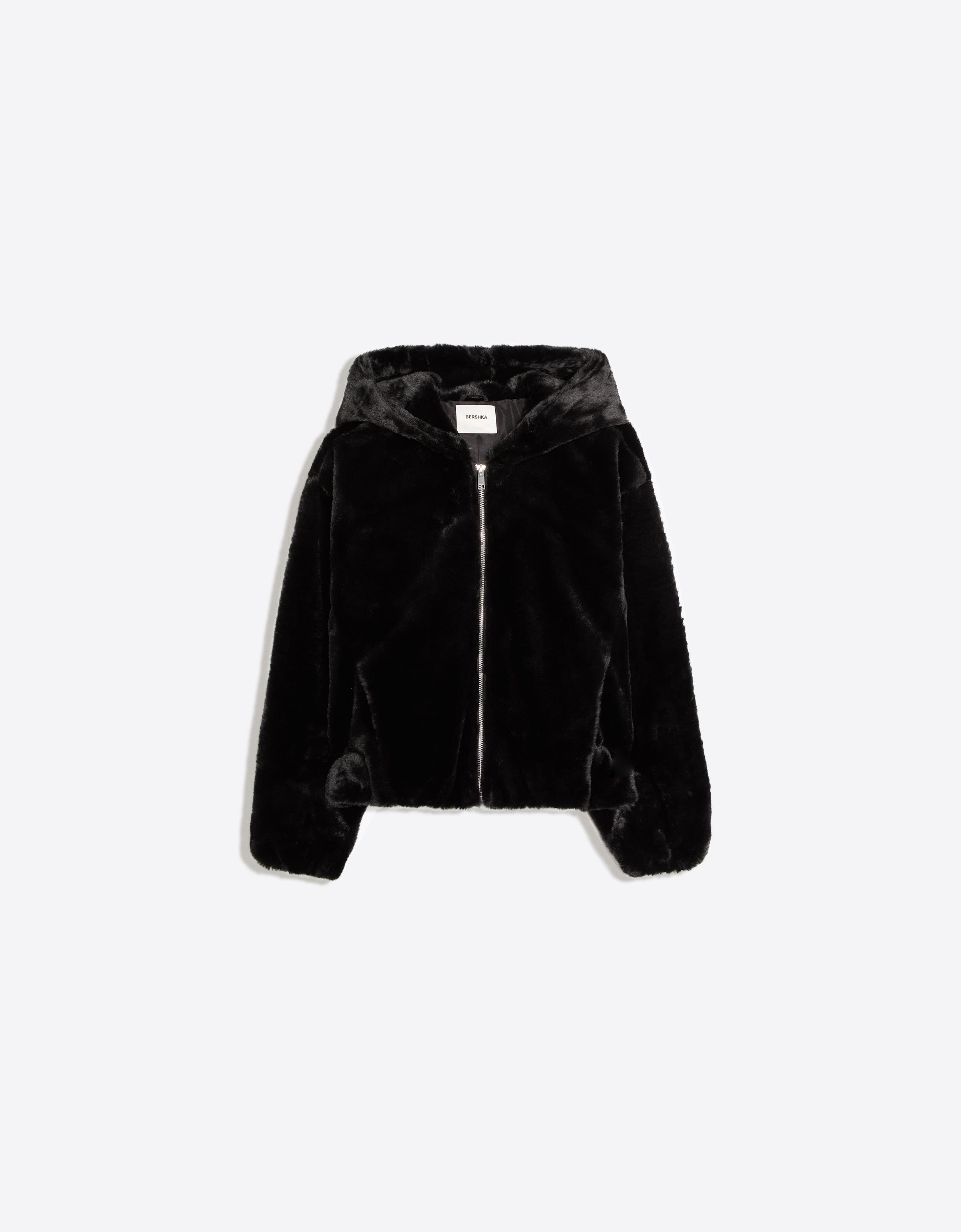 Hooded jacket with fur — Black
