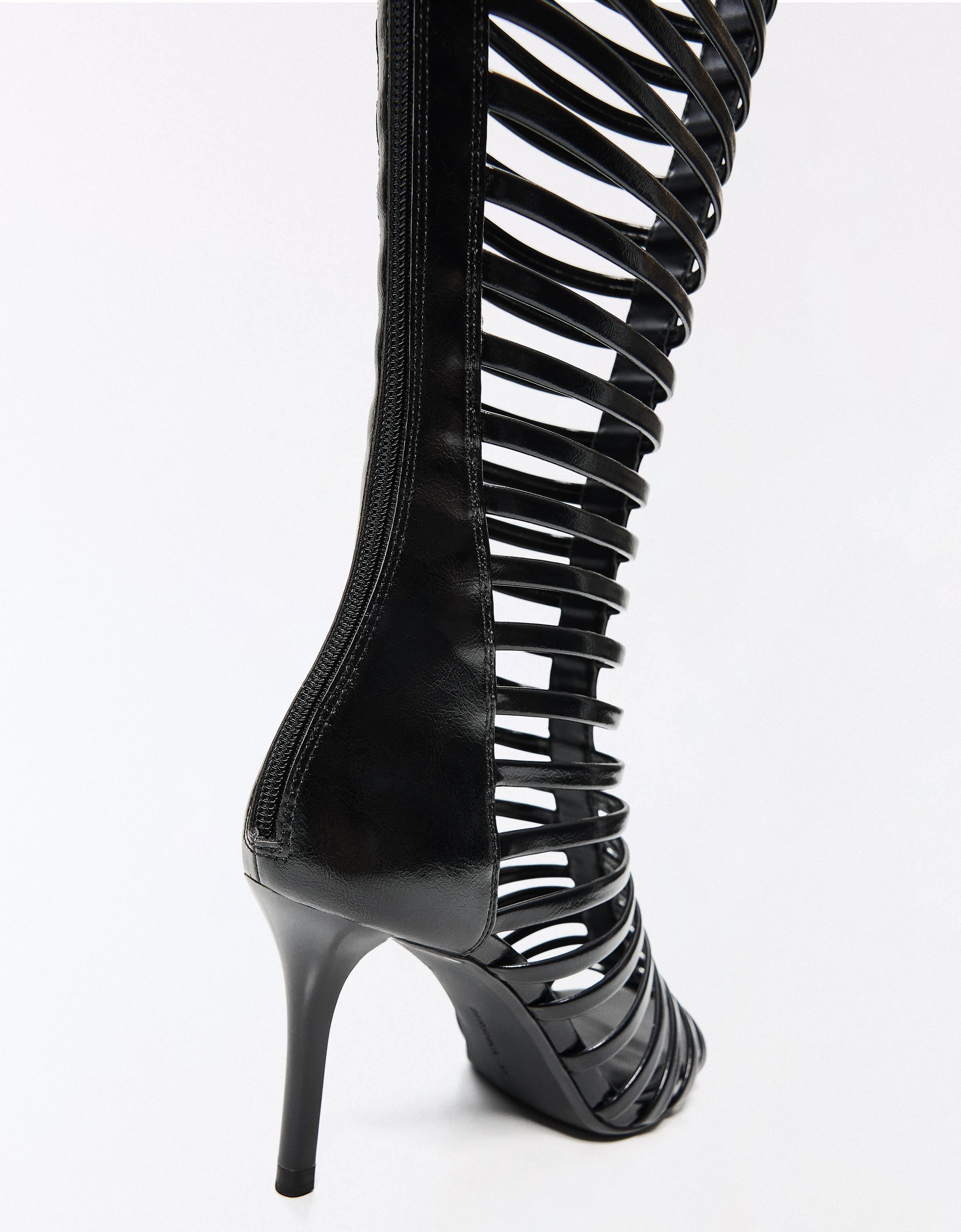 MULTI-STRAP HEELED BOOT SANDALS — BLACK
