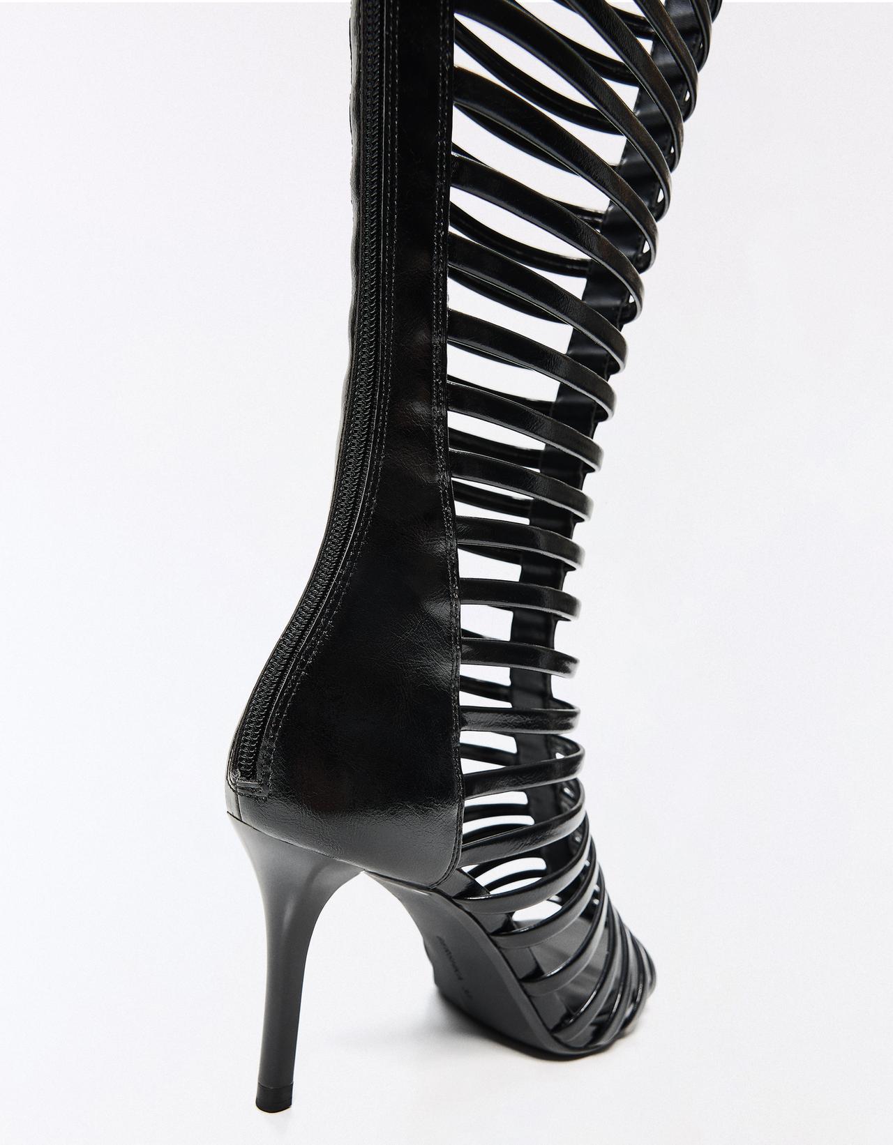 MULTI-STRAP HEELED BOOT SANDALS — BLACK