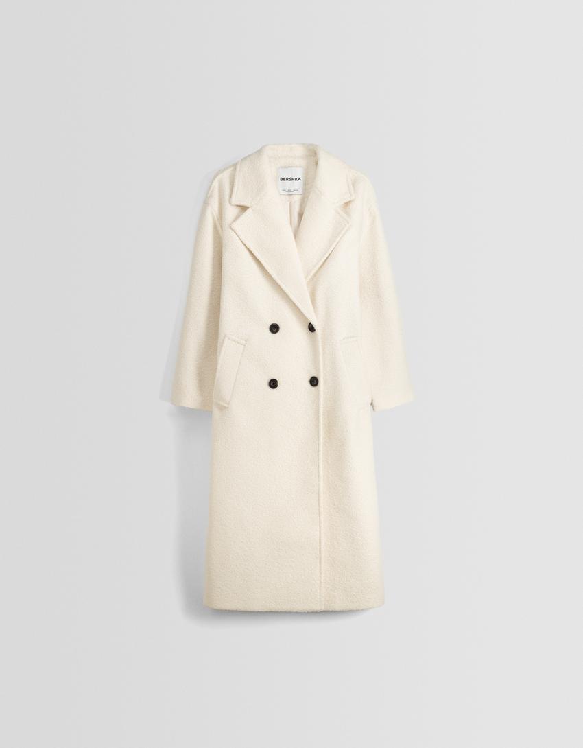 Manteau long cache-cœur bouclette double boutonnage-Écru-4