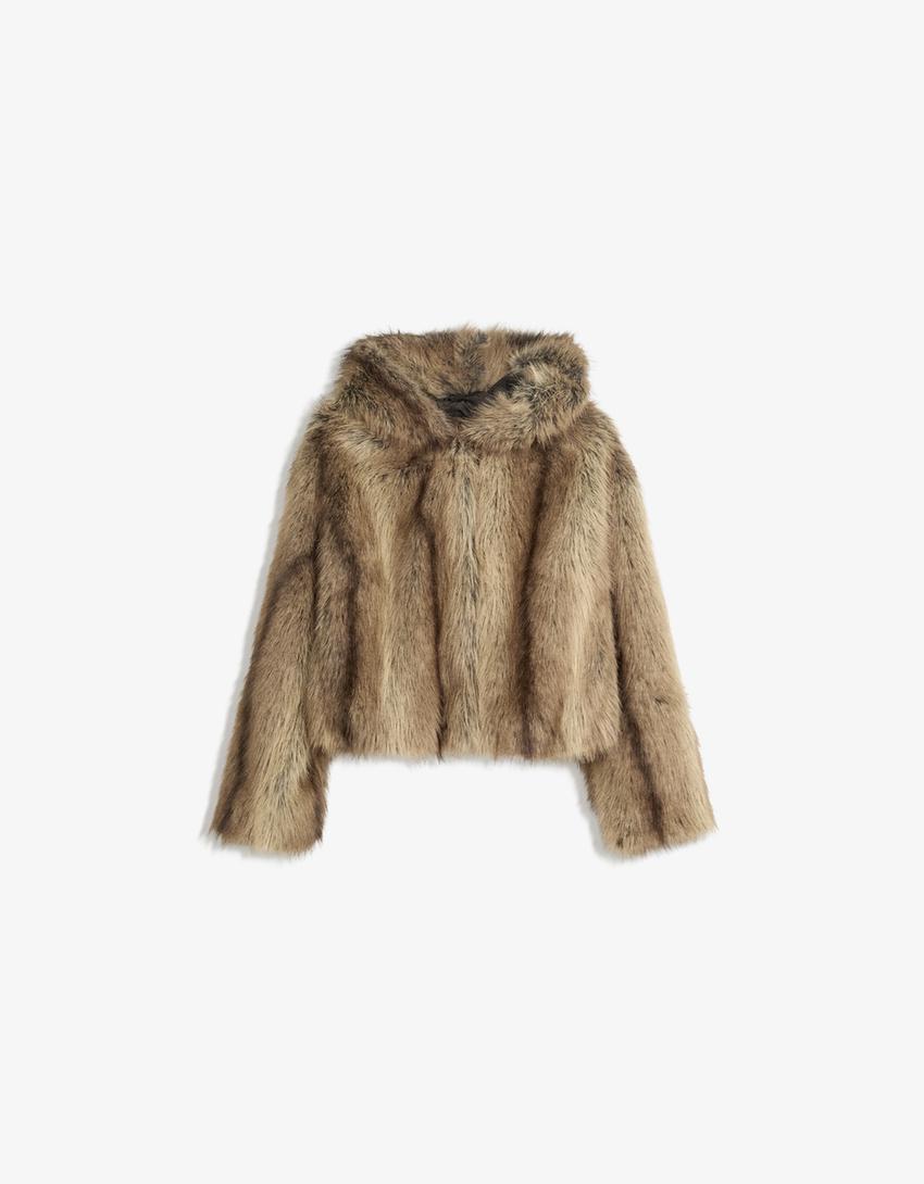 Veste fausse fourrure capuche-Marron-3