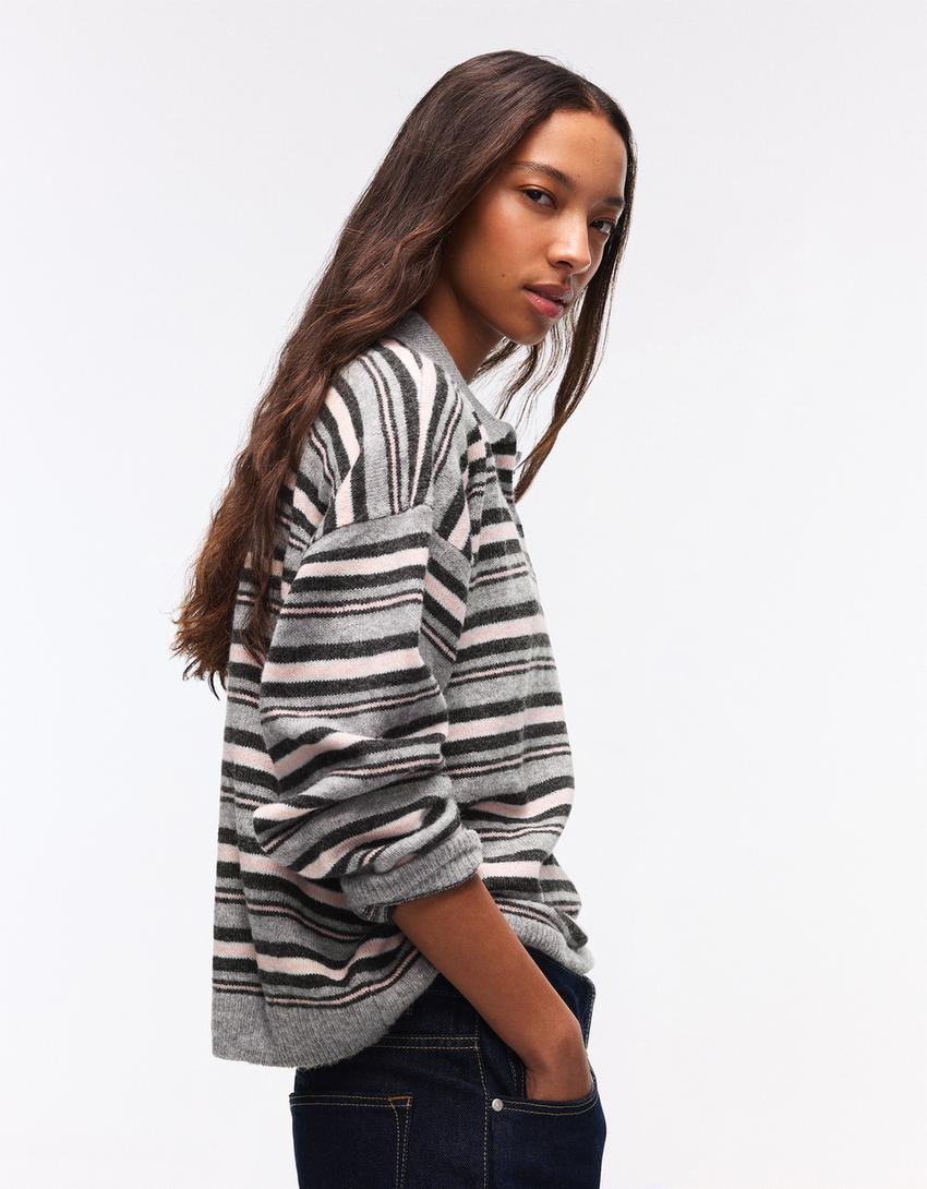 Desenli polo yaka kazak-Gri