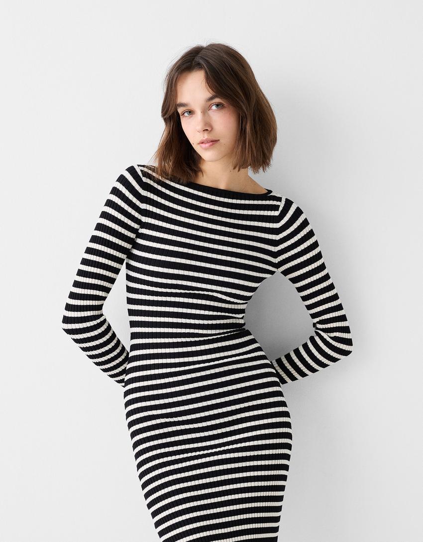 Vestido midi de manga comprida com decote barco em malha com nervuras-Preto-1