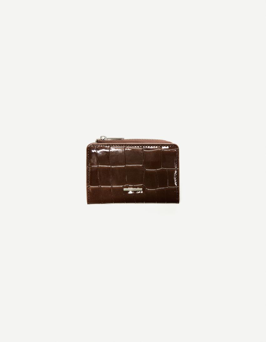 Embossed faux-patent-finish animal print purse-Brown