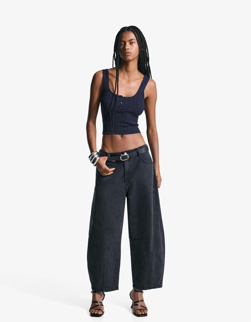 Cable-knit strappy top-Blue